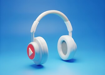 Naklejka premium Minimalist 3D Icon of White Headphones with Red Play Button on Blue Background for Audio Streaming and Entertainment Devices