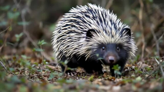 Porcupine trudges through underbrush, quills rustling