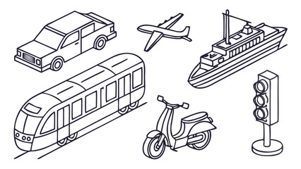 Line Art Illustration Of Various Transportation Modes Including Car Train Airplane Ship Scooter And Traffic Light Icons