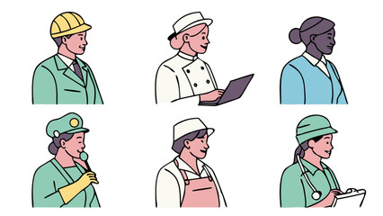 Colorful Cartoon Profile Illustrations Of Diverse Professionals Including Engineer Chef Doctor Cleaner And Service Workers