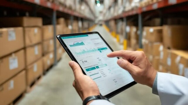 Warehouse Inventory Analysis: A worker in a vast, well-organized warehouse meticulously examines inventory data displayed on a modern tablet. - Powered by Adobe