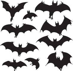 Fototapeta premium Bat Silhouettes Vector Graphic: Halloween Flying Bat Clipart, Black Bat Illustration, Spooky Bat Design Elements for Graphic Design Projects
