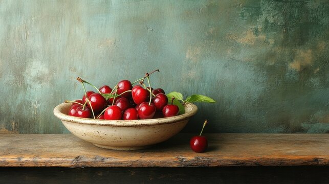 Naklejki Fresh cherries in a bowl on a rustic shelf.  A still life of plump, red cherries nestled in a light beige bowl, sitting on a wooden shelf against a textured teal wall