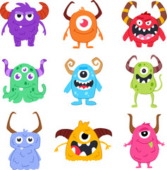 monster with horns set cartoon vector illustration
