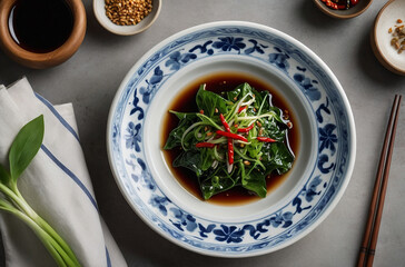 Beautifully plated Chinese-style blanched greens with sauce, chili, and enoki mushrooms