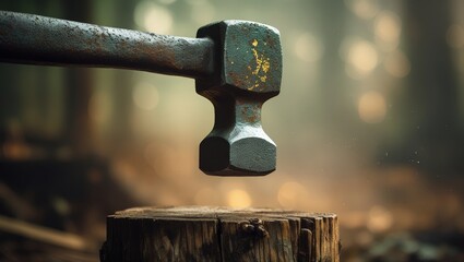 A large metal hammer hangs in the air, ready to strike a cracked wooden stump, set in a quiet and moody forest area.