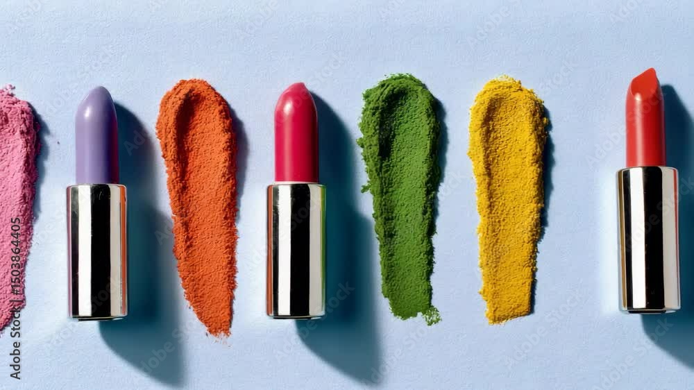 Aufkleber row of colorful lipsticks are displayed on a table. the lipsticks are of different colors and are ar