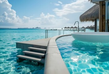Photo of a tropical overwater bungalow with steps into a turquoise lagoon, other bungalows and the ocean in background.