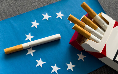 Flag of European Union, cigarettes . Tobacco law. Smoking control in EU countries