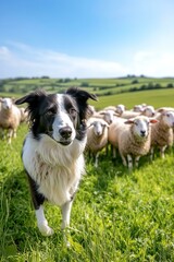 Obraz premium Border collie herding sheep in wide green field 