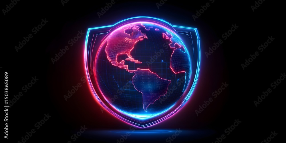 Poster Vibrant Neon Shield with Digital Globe Design on Dark Background