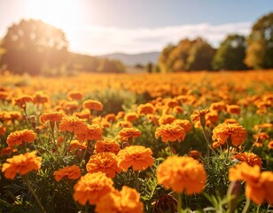 Field of Orange Marigolds Gently Moving in Autumn Wind, Warm hues, low-angle