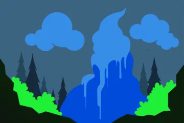 Gordijnen Vector mountain landscape with green trees, grass, and summer clouds under a clear sky © Shumanto