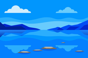 Vector illustration of a blue sky with clouds over a sea landscape