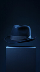 A navy blue hat in a front-facing angle, sitting on a studio pedestal 