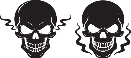 Evil Skull Silhouette, Grinning Skeleton Head with Smoke, Horror Vector Illustration, Black and White Tattoo Design, Stylized Skull Illustration with Smoke Elements