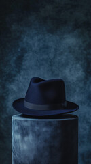 A navy blue hat in a front-facing angle, sitting on a studio pedestal 