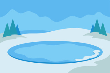 A beautiful blue winter landscape illustration with snowy mountains, sea, and sky