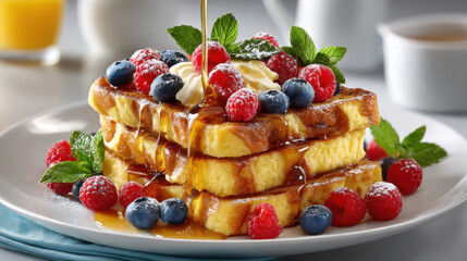 Delicious french toast stacked high is drizzled with golden syrup, topped with fresh raspberries, blueberries, mint and whipped cream for a delightful breakfast treat.