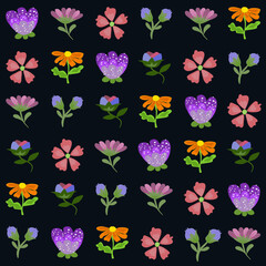 Beautiful seamless floral pattern with vibrant wildflowers in purple, orange, pink, and blue on a dark background. This elegant and bold botanical design is great for fabric prints, stationery