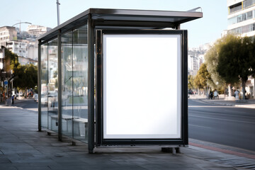 Empty billboard on modern bus stop shelter with city street in background, providing advertising space for marketing campaigns