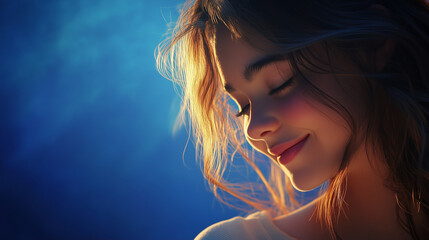 A passionate young girl with a soft and genuine smile, slightly tilting her head, her hair illuminated by the light .