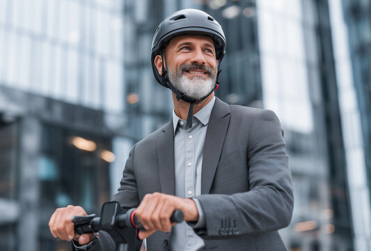 Smiling businessman riding an electric scooter through a vibrant urban landscape, wearing a helmet and embracing sustainable commuting