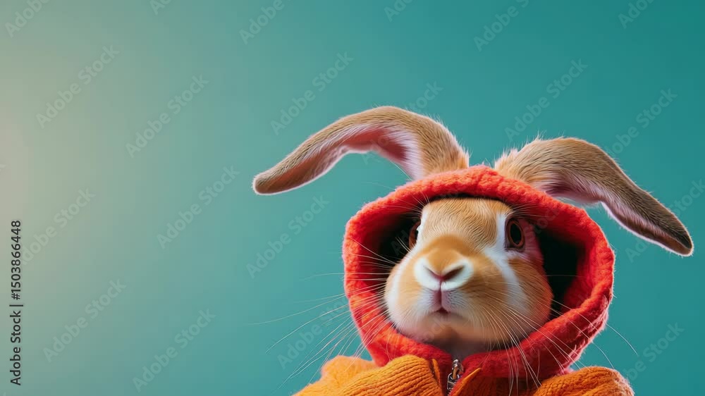 Poster rabbit wearing a red jacket is looking at the camera. the rabbit is wearing a red jacket and he is i