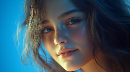 A passionate young girl with a soft and genuine smile, slightly tilting her head, her hair illuminated by the light .