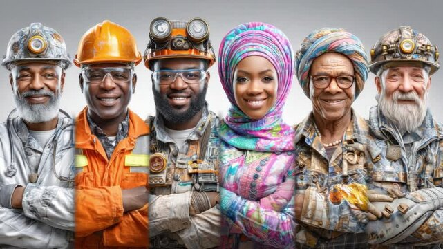 Diversity in Workforce: A diverse array of individuals, each a symbol of labor and skill, come together to showcase the power of varied skill sets, forming a cohesive unit of hard work and expertise.