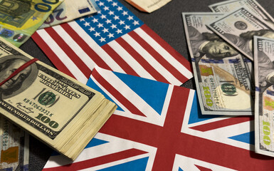 Flag United States America and Great Britain. Symbol cooperation and partnership. Concept political relations