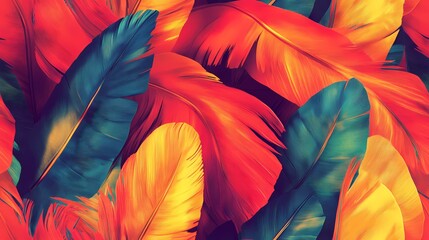 Seamless texture showing layered parrot feathers in bright tones, ideal for bold surface decoration and textile design.