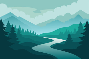 summer fog over river winding through dense forest