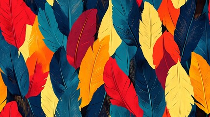 Seamless texture showing layered parrot feathers in bright tones, ideal for bold surface decoration and textile design.