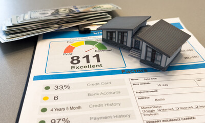 Fototapeta na wymiar paper house with credit report letters 