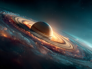 a planet with a stunning ring system, illuminated by a glowing light source. The rings are composed of numerous small particles, creating a mesmerizing visual effect against the dark backdrop of space