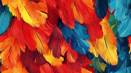 Obraz premium Seamless texture showing layered parrot feathers in bright tones, ideal for bold surface decoration and textile design.