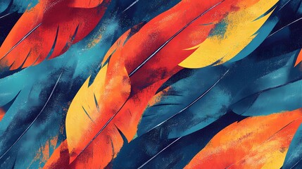Fototapeta premium Seamless texture showing layered parrot feathers in bright tones, ideal for bold surface decoration and textile design.