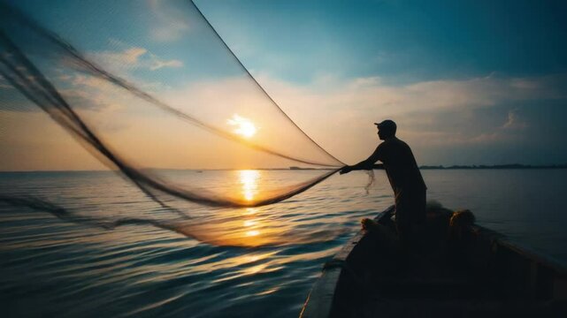 Casting into the Golden Hour: Silhouette of a solitary fisherman casting his net into the tranquil waters at sunset, embodies the peace of solitude and the promise of the day's catch. 