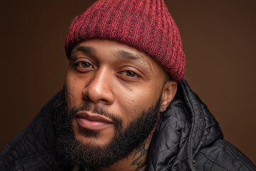 Portrait of a bearded man in a red knit beanie and black jacket, exuding a confident and thoughtful demeanor against a brown background