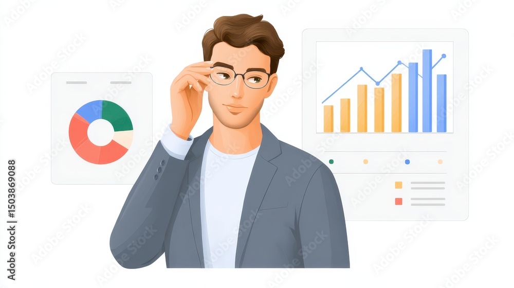 Poster a professional man adjusts his glasses while standing in front of data charts and graphs, indicating