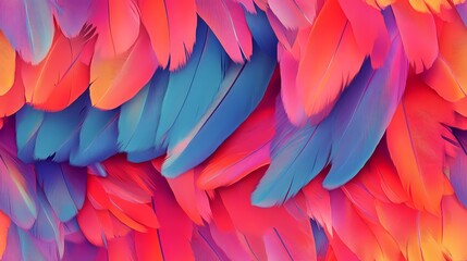 Fototapeta premium Seamless texture showing layered parrot feathers in bright tones, ideal for bold surface decoration and textile design.