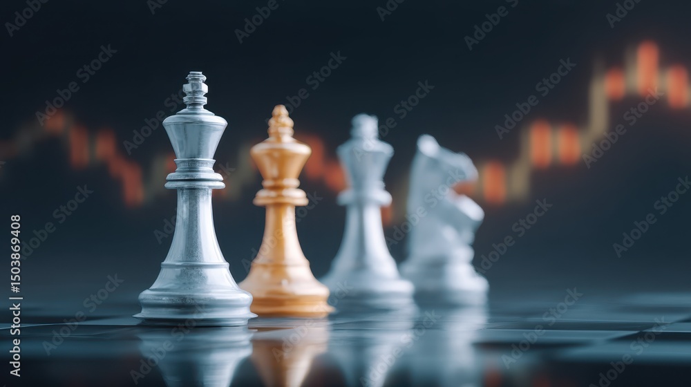 Poster chess pieces in focus with a blurred background showing financial graphs, symbolizing strategy and d