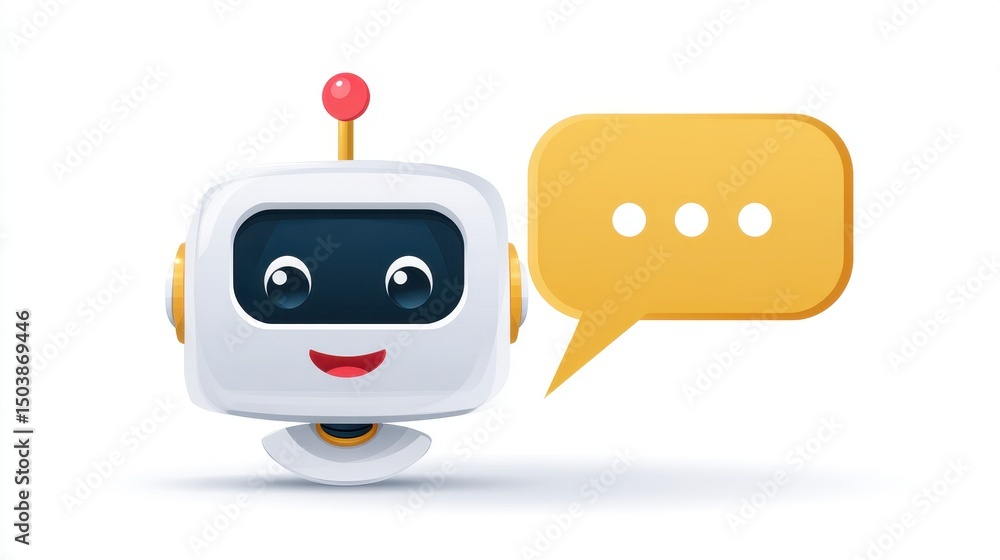 Poster friendly chatbot character with a speech bubble, representing communication and technology.
