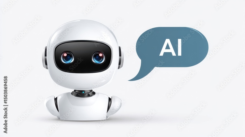 Poster a friendly robot character with big eyes, displaying the word 