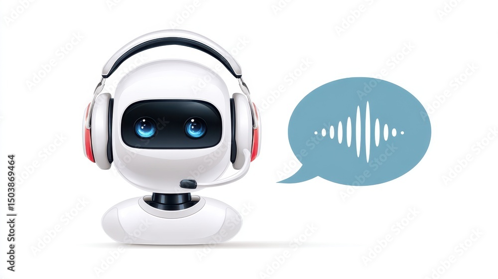Poster friendly robot with headphones and speech bubble, representing communication and technology in a mod
