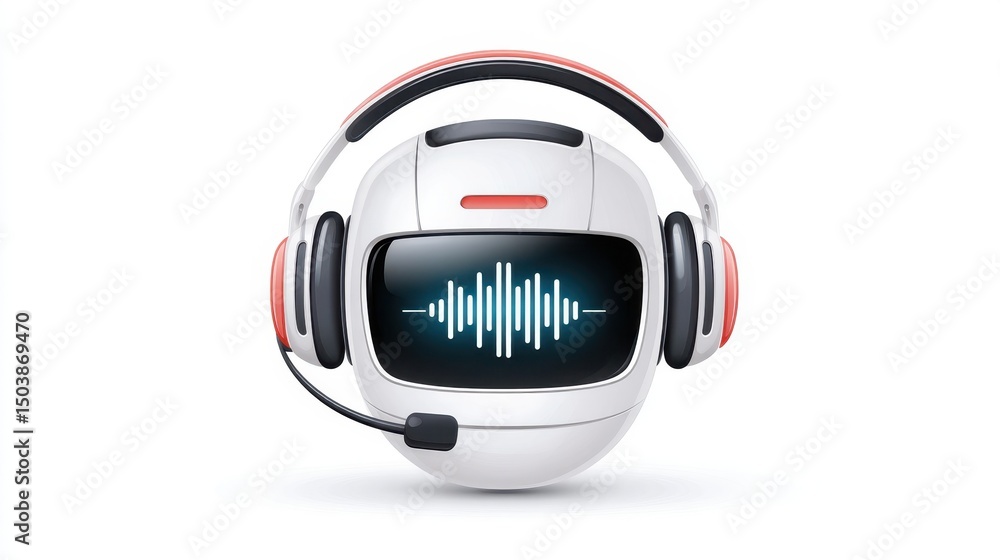 Poster a futuristic robot head with a headset, featuring a digital sound wave display on its screen, symbol