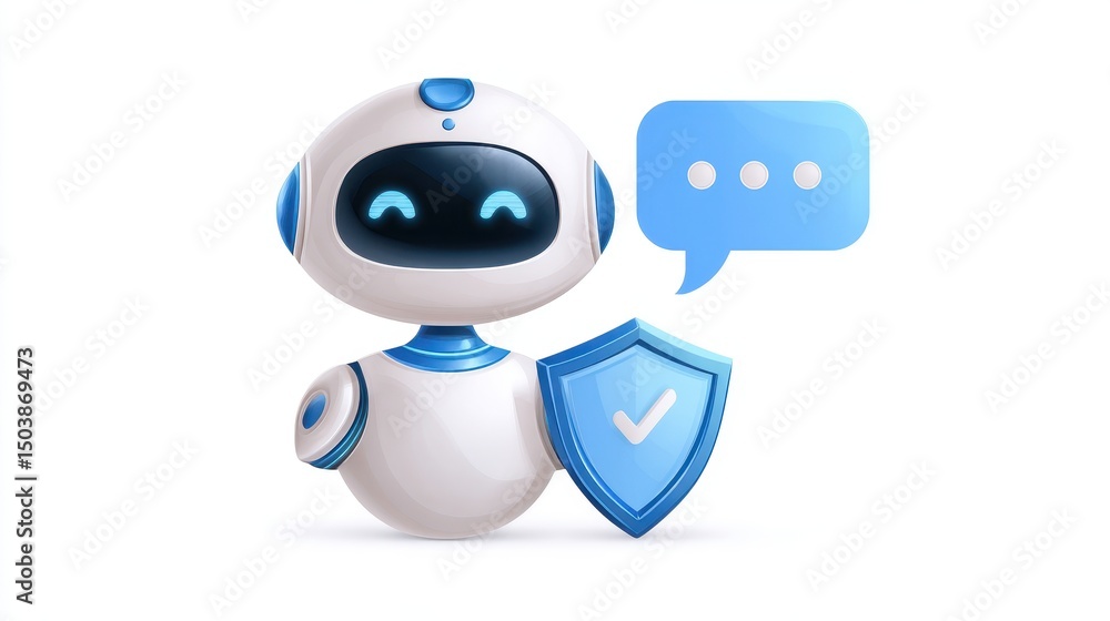Poster a friendly robot holds a shield and a speech bubble, symbolizing communication and security in techn