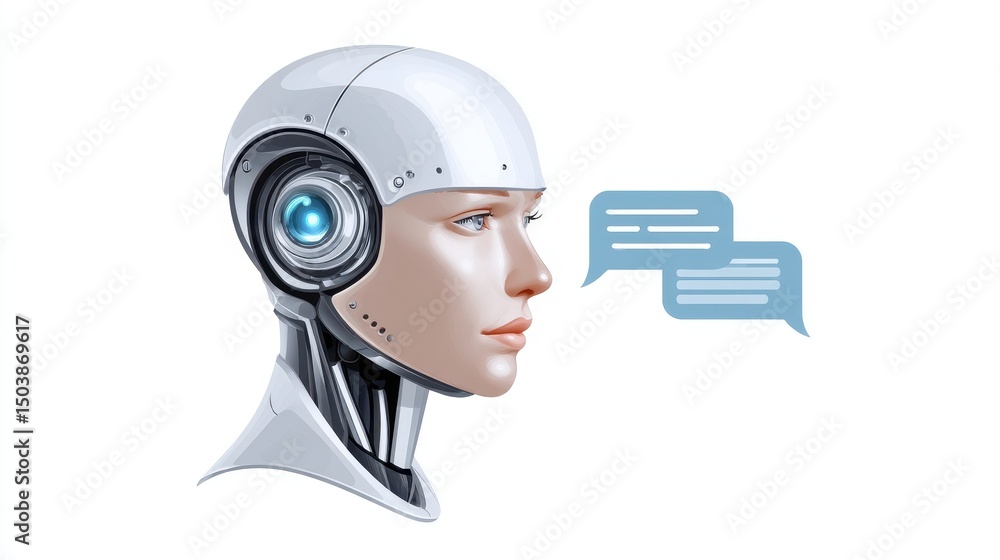 Poster a futuristic robot head with a blue light and speech bubbles representing communication and technolo