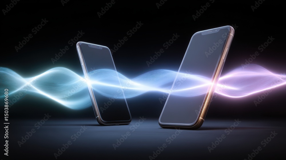 Poster two smartphones with a dynamic wave pattern representing connectivity and communication in a digital
